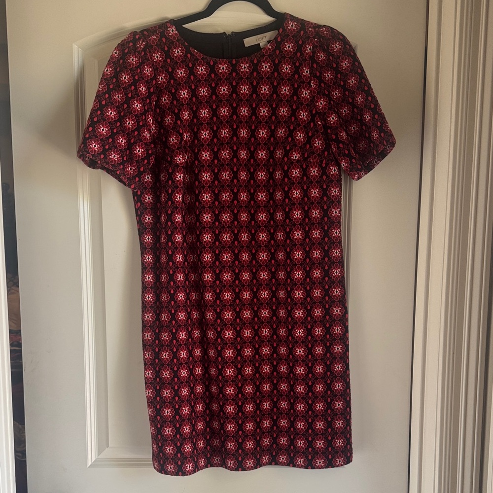 LOFT Red and Black Geometric jacquard Mini Dress